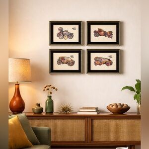 Vintage velvet framed cross-stitch or needlepoint artwork featuring automobiles!